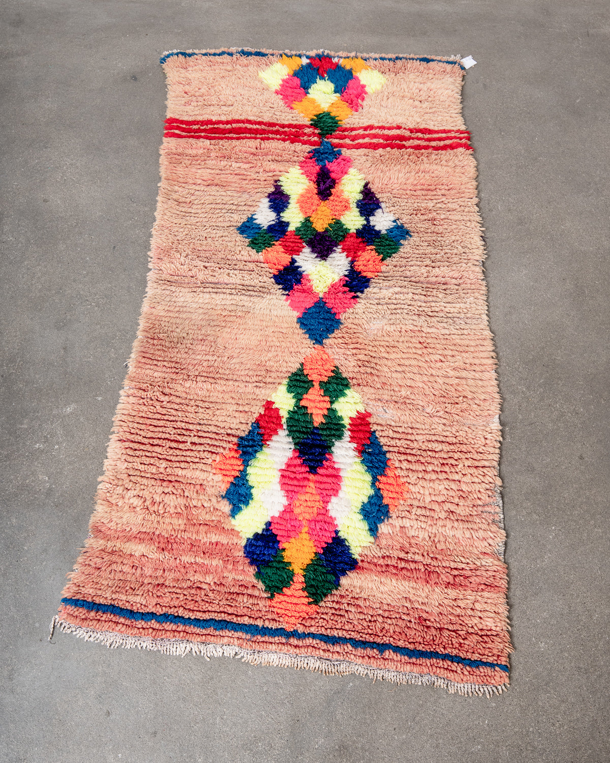 Modern, designer, handcrafted Berber runner rug from Morocco. Vintage carpet with beautiful colours and patterns and fluffy texture.